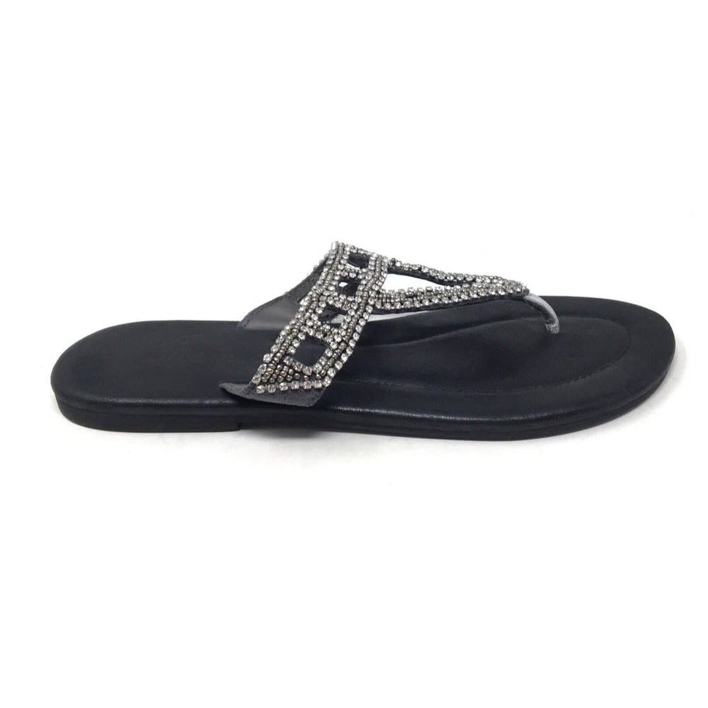 Skemo Adriana Women's Size 7 Black Leather Crystal Thong Sandals Shoes - Picture 5 of 7